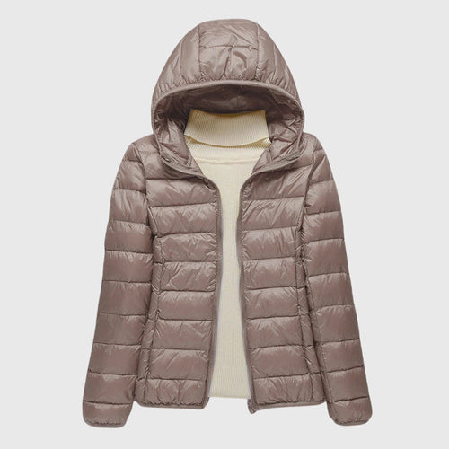 Women's Quilted Jacket with Hood and Zip Fastening - Khaki Hood