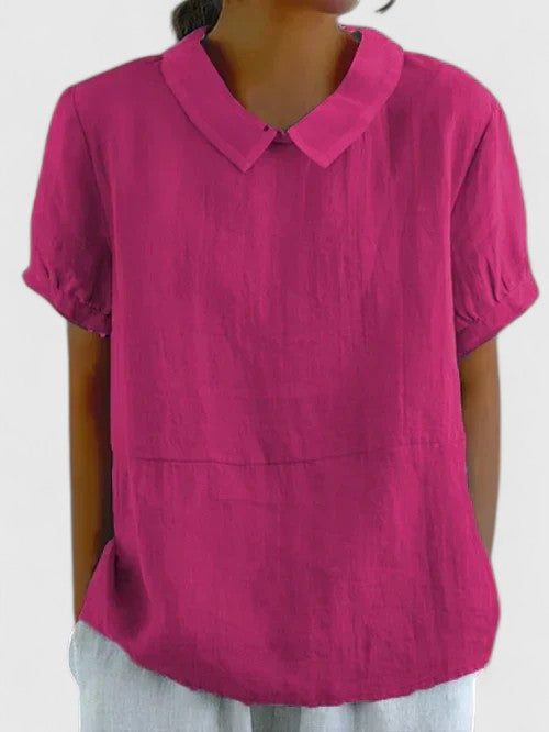 Women's Shirt Short Sleeve with Peter Pan Collar - Dark Pink