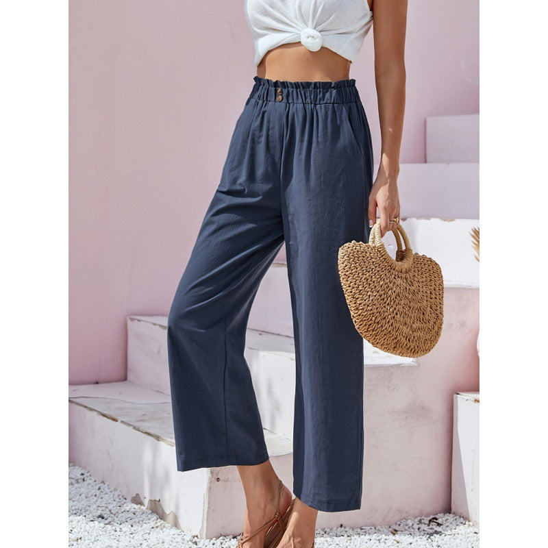 Women's High-Waisted Straight-Leg Trousers with Elastic Paperbag Waist - Navy Blue