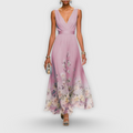 Women's Maxi Dress Sleeveless with V-Neck and Floral Print A-Line - Pink
