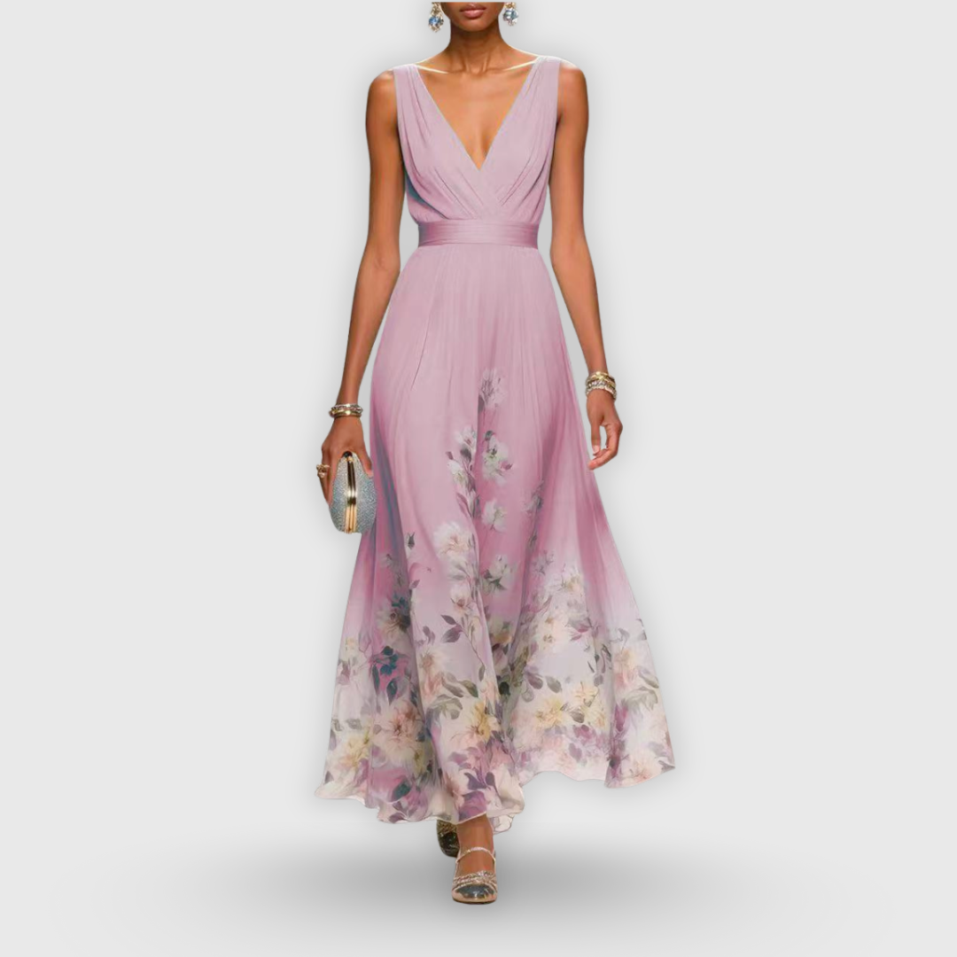 Women's Maxi Dress Sleeveless with V-Neck and Floral Print A-Line - Pink