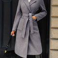 Women's Belted Long Coat Notch Lapel Front Pockets - Grey