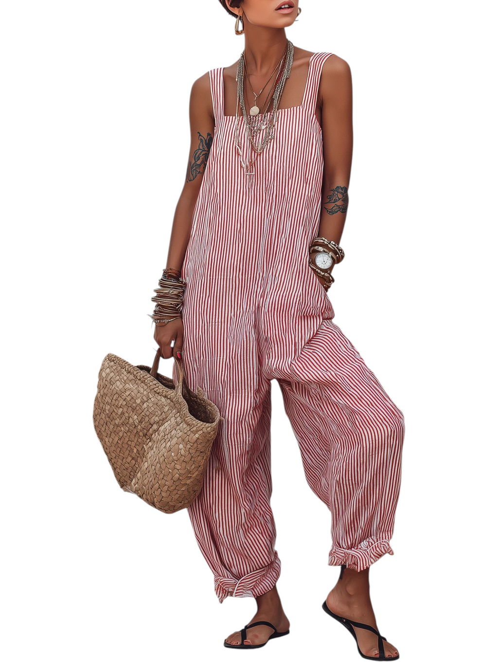 Women's Sleeveless Jumpsuit with Square Neck and Striped Pattern