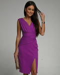 Women's Fitted Sleeveless Dress with V-Neck and Side Slit - Purple