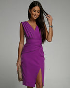 Women's Fitted Sleeveless Dress with V-Neck and Side Slit - Purple