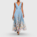 Women's Maxi Dress Sleeveless with V-Neck and Floral Print A-Line - Light Blue