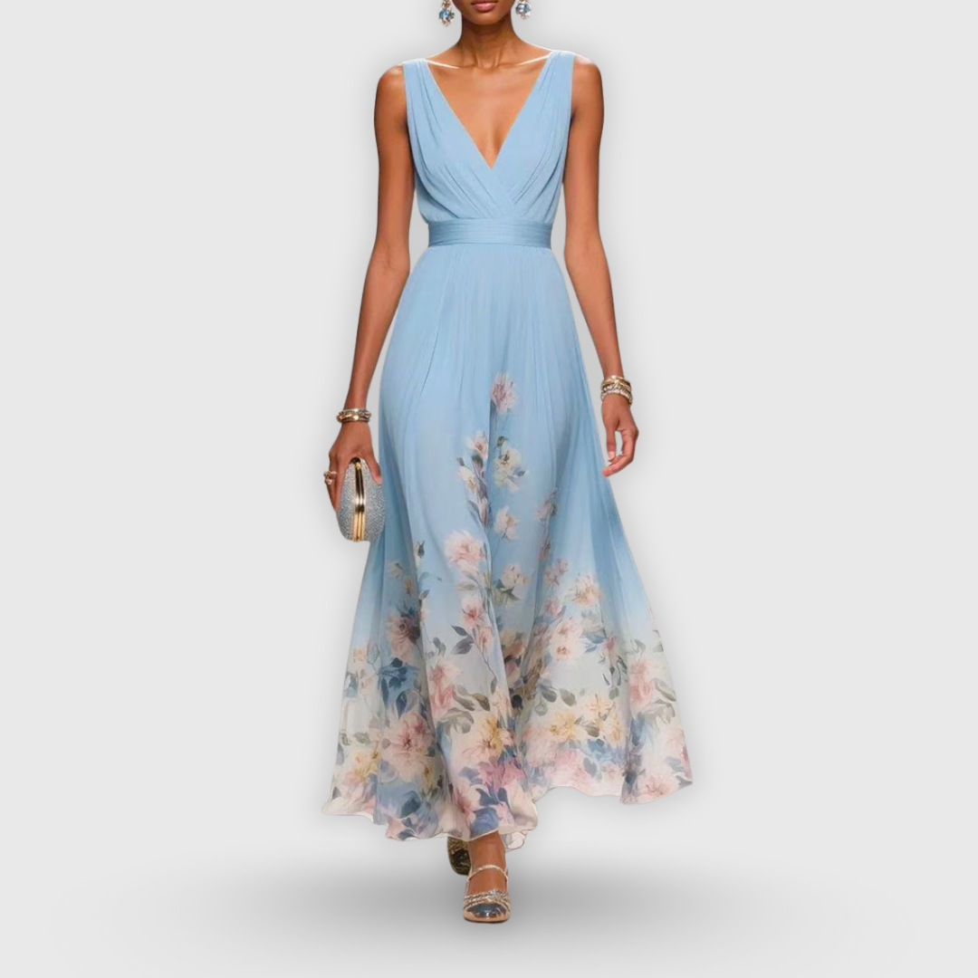 Women's Maxi Dress Sleeveless with V-Neck and Floral Print A-Line - Light Blue