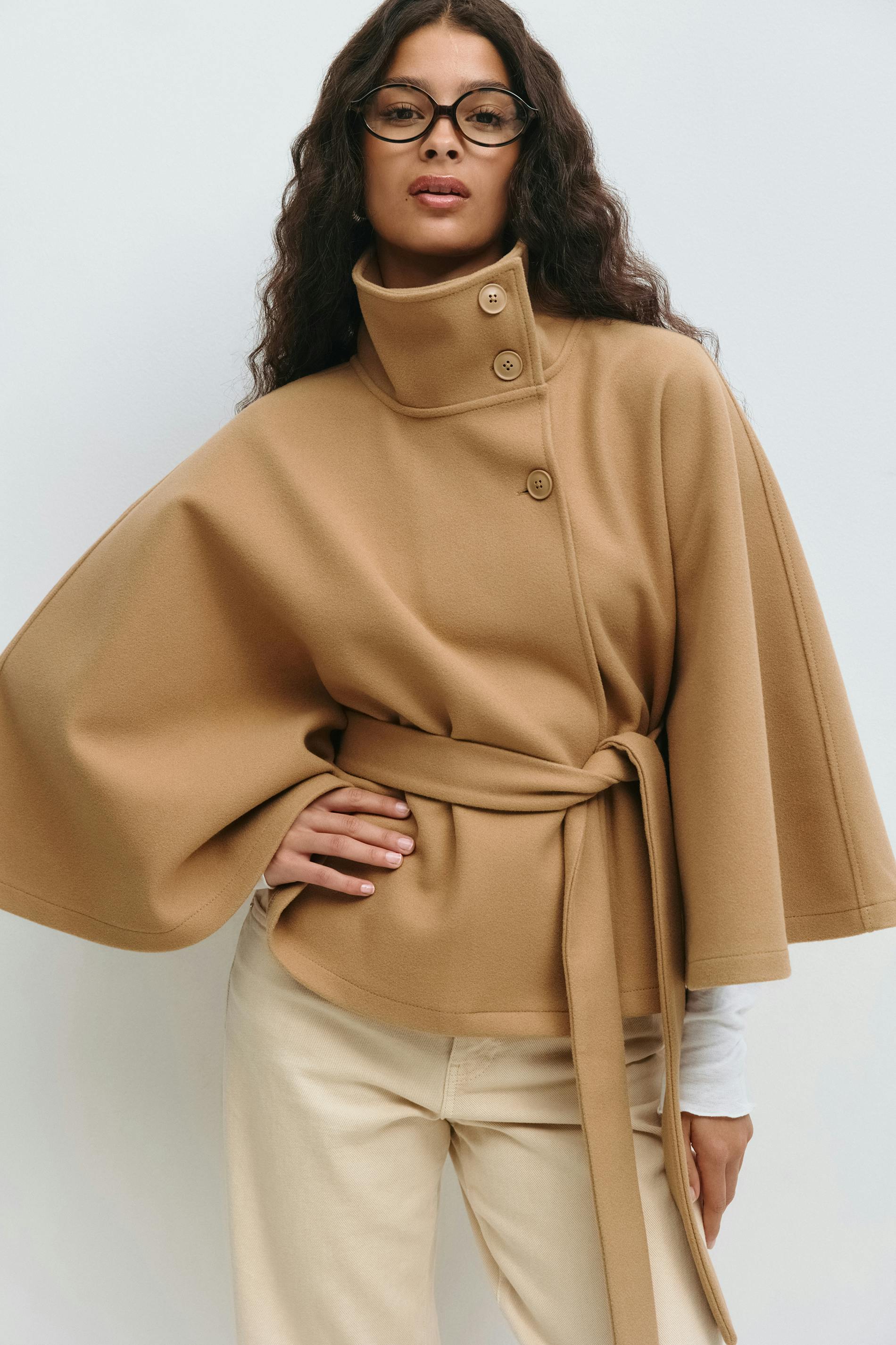 Women's Cape Coat with High Collar and Bow Belt - Brown