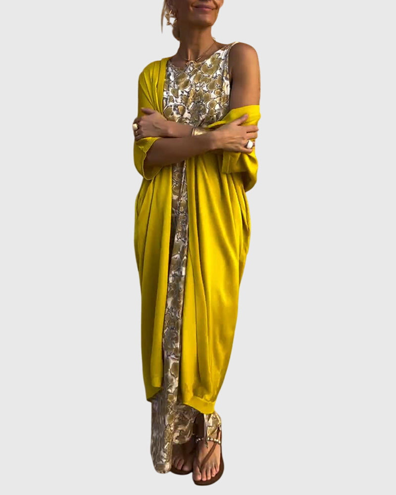 Women's Two-Piece Set with Printed Dress and Open-Front Jumper - 3