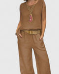 Women's Sleeveless Top and Wide-Leg Trousers Set with Belt - Brown