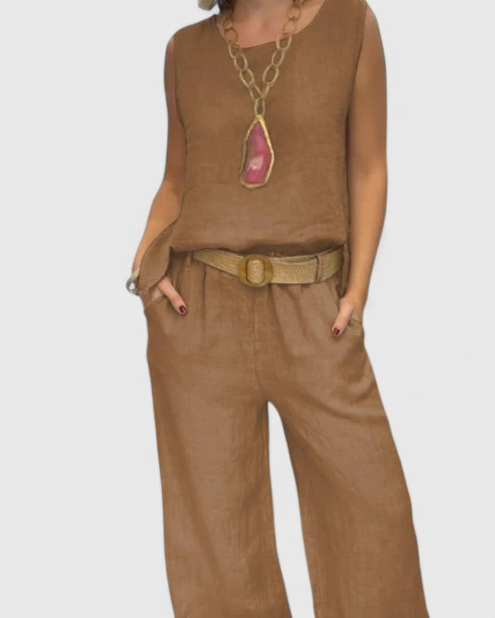Women's Sleeveless Top and Wide-Leg Trousers Set with Belt - Brown