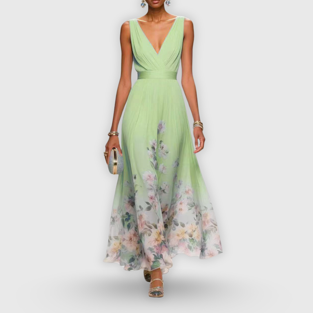 Women's Maxi Dress Sleeveless with V-Neck and Floral Print A-Line - Mint Green