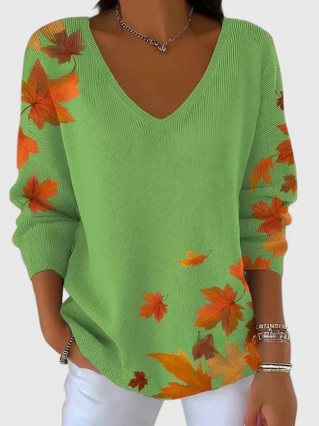 Women's Jumper V-Neck with Long Sleeves and Leaf Print - Green