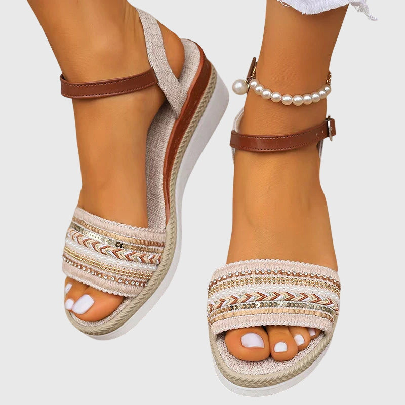 Women's Wedge Sandals with Woven Straps and Ankle Strap - 5