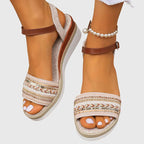 Women's Wedge Sandals with Woven Straps and Ankle Strap - 5