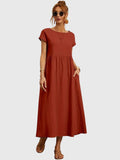 Women's Casual Pocket Dress with Round Neck and Short Sleeves - Brown