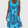 Women's Sleeveless Dress with Lace Yoke and Mandala Print - Blue