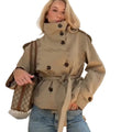 Women's Tailored Trench Coat with Statement Collar and Belt - Khaki