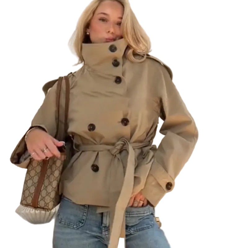 Women's Tailored Trench Coat with Statement Collar and Belt - Khaki