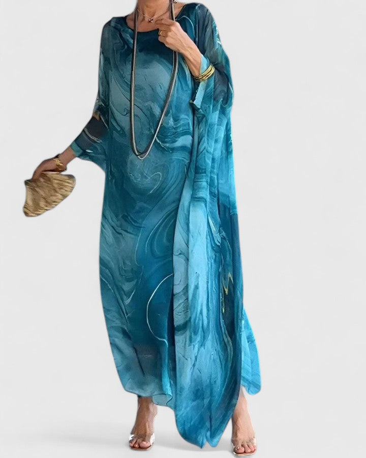 Women's Maxi Dress Batwing Sleeve with Marble Print and Round Neck - Blue