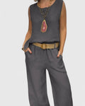 Women's Sleeveless Top and Wide-Leg Trousers Set with Belt - Grey