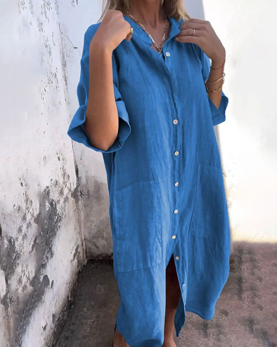 Women Shirt Dress Button-Up with Short Sleeves and Side Pockets - Blue