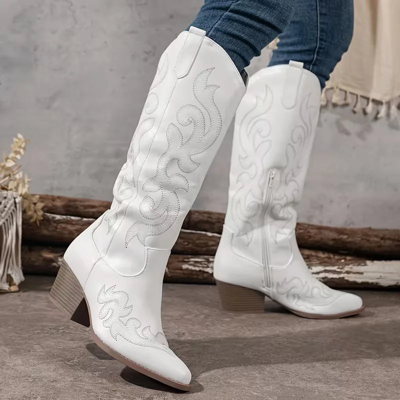 Women's Knee-High Embroidered Cowboy Boots with Pointed Toe - 14