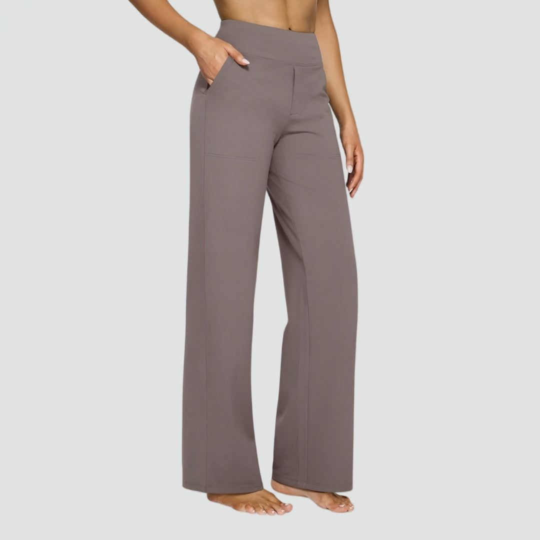 Women's Straight Leg Trousers with High Waist and Pockets - 17