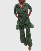 Women's Two-Piece Set Printed Longline Shirt with Wide-Leg Trousers - 7