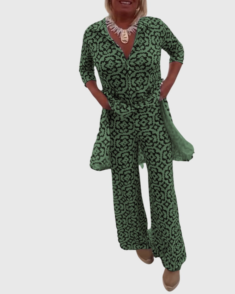 Women's Two-Piece Set Printed Longline Shirt with Wide-Leg Trousers - 7