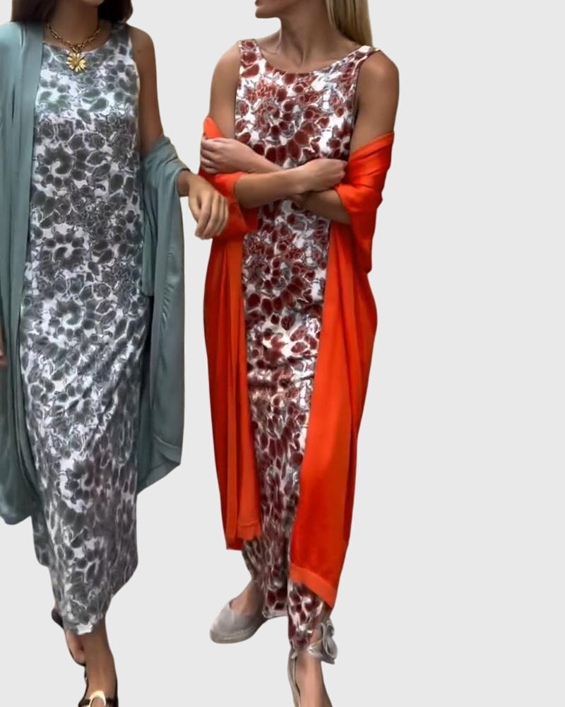 Women's Two-Piece Set with Printed Dress and Open-Front Jumper - Red