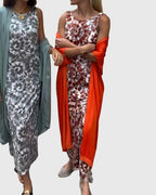 Women's Two-Piece Set with Printed Dress and Open-Front Jumper - Red