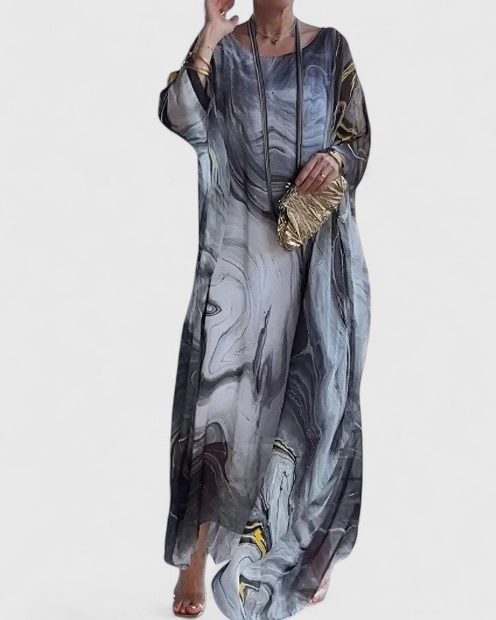 Women's Maxi Dress Batwing Sleeve with Marble Print and Round Neck - Grey