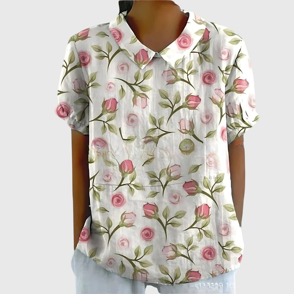 Women's Floral Blouse Short Sleeve with V-Neck and Relaxed Fit - 7
