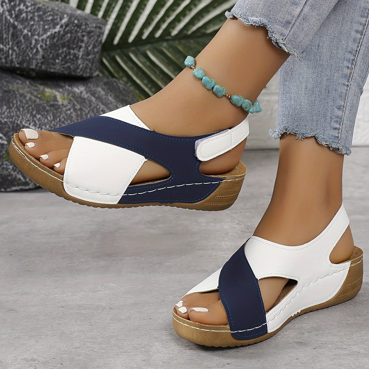 Women's Sandals with Cross-Strap Wedge and Touch-Fasten Strap - 2