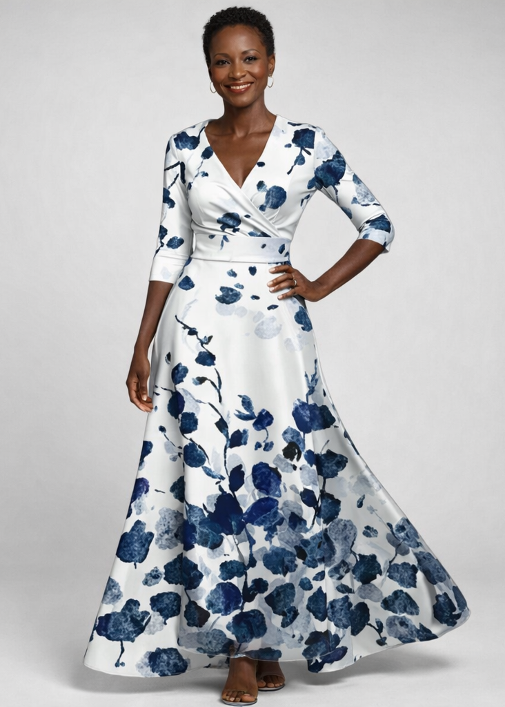 Women's Floral Maxi Dress with V-Neck and Three-Quarter Sleeves - White/Blue