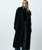 Women's Longline Teddy Coat with Wide Lapel and Double-Button Front - 4