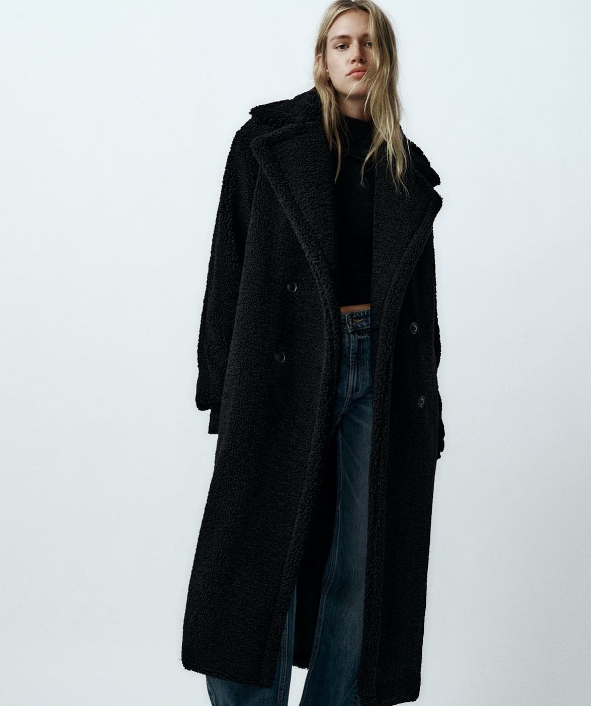 Women's Longline Teddy Coat with Wide Lapel and Double-Button Front - 4