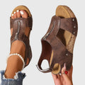 Women's Wedge Sandals with Front Zip and Studded Straps - Brown