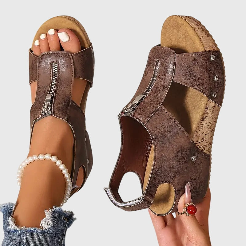 Women's Wedge Sandals with Front Zip and Studded Straps - Brown