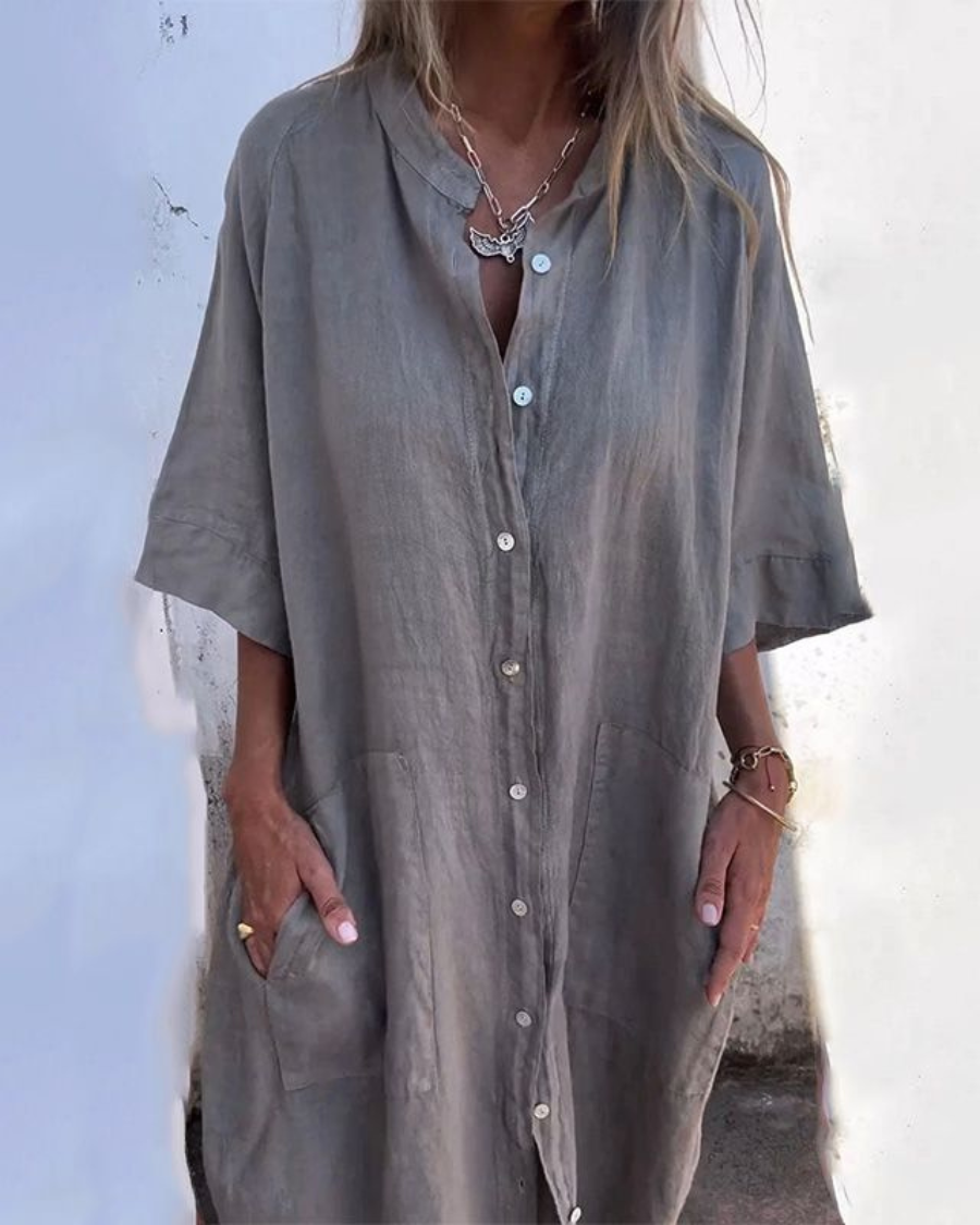 Women Shirt Dress Button-Up with Short Sleeves and Side Pockets - Grey