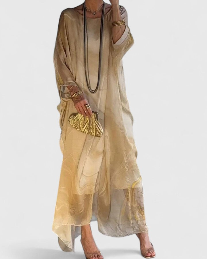 Women's Maxi Dress Batwing Sleeve with Marble Print and Round Neck - Yellow