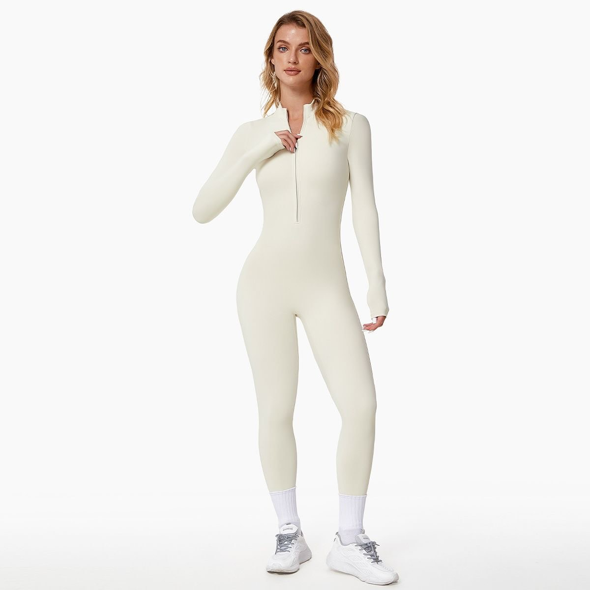 Women's Fleece Lined Jumpsuit with Zip Neckline and Long Sleeves - Cream