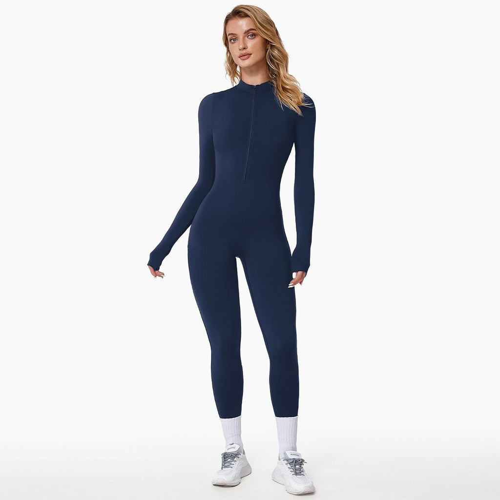 Women's Fleece Lined Jumpsuit with Zip Neckline and Long Sleeves - Blue
