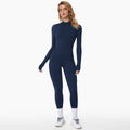 Women's Fleece Lined Jumpsuit with Zip Neckline and Long Sleeves - Blue