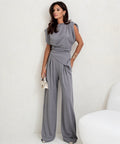 Women's Two Piece Set Sleeveless with Asymmetric Draping - Grey
