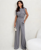 Women's Two Piece Set Sleeveless with Asymmetric Draping - Grey