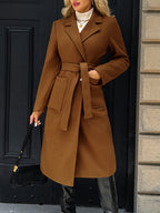 Women's Belted Long Coat Notch Lapel Front Pockets - 10