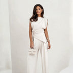 Women's Two Piece Set Sleeveless with Asymmetric Draping - White
