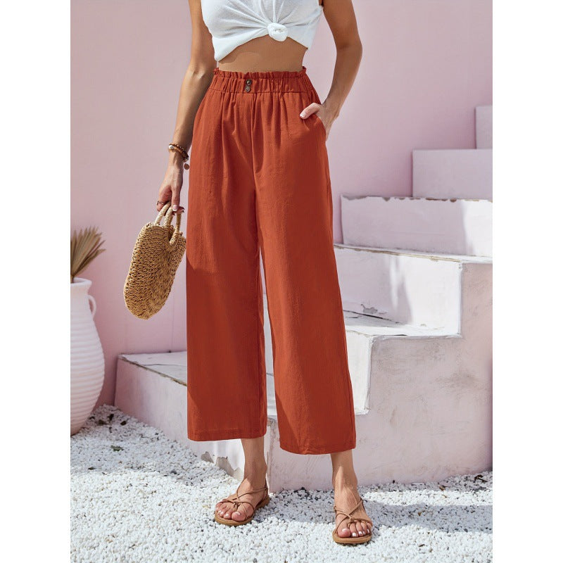 Women's High-Waisted Straight-Leg Trousers with Elastic Paperbag Waist - Orange Red